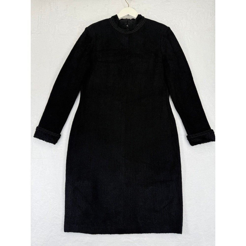 ST JOHN COLLECTION BY MARIE GRAY Black Textured Sheath Dress‎ With Fur Trim Sz 8